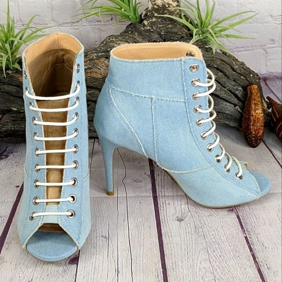 NWOT Wild Diva Denim on Denim Patch Lace Up Peep Toe Heel Ankle Booties - Picture 1 of 13